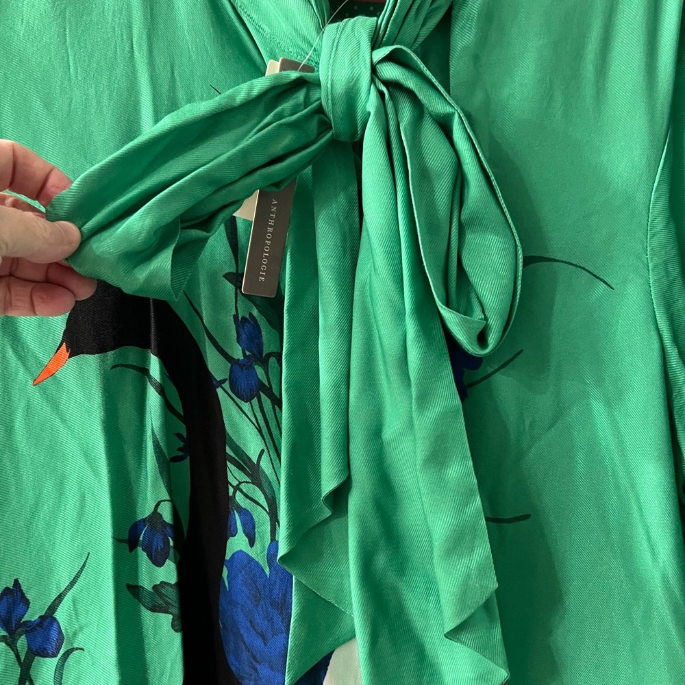 Anthropologie Green Floral Swan Tie-Neck Dress - Picture 6 of 7